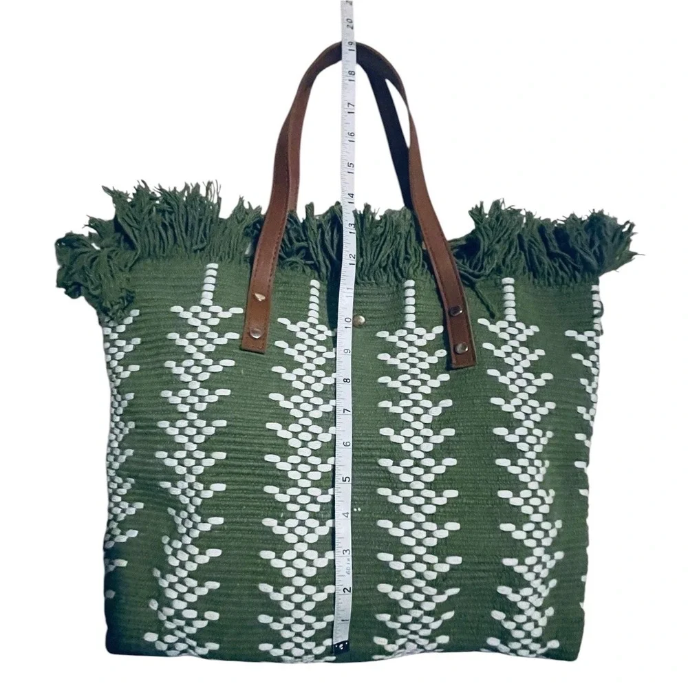 Green‎ White Woven Fringe Tote Bag Boho Knit Shoulder Bag with Leather Straps